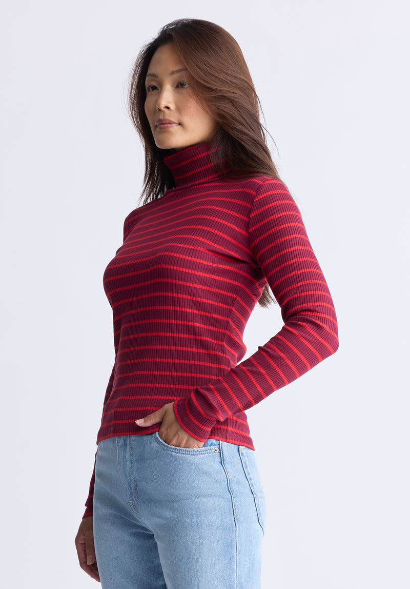 Mavra Women's Striped Ribbed Turtleneck Top, Red - KT0161F