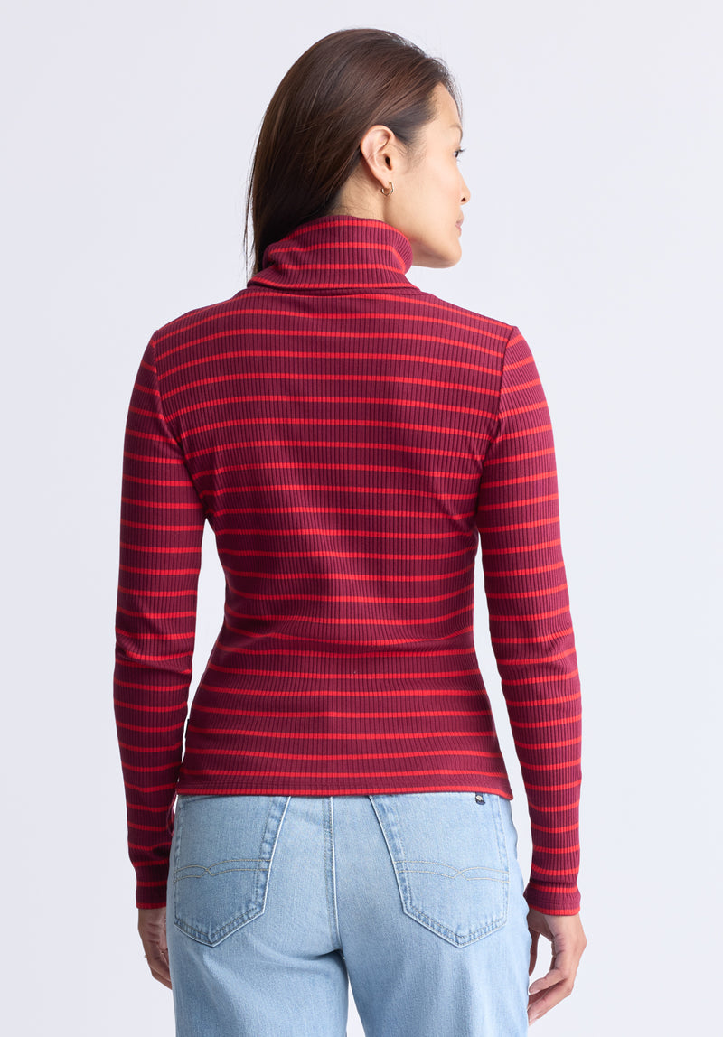 Mavra Women's Striped Ribbed Turtleneck Top, Red - KT0161F