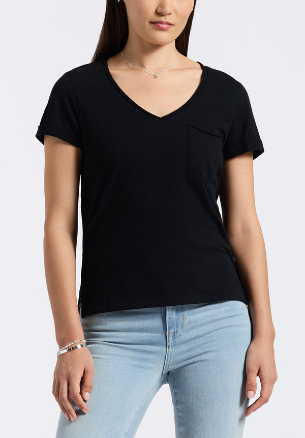 T-shirt en maille slub à col en V pour femme Moxie, noir - KT0179P