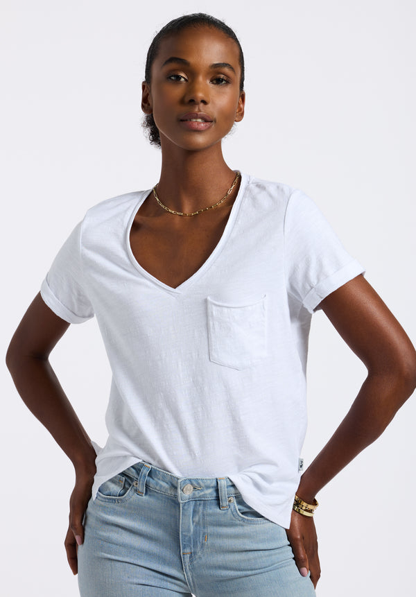 T-shirt en maille slub à col en V pour femme Moxie, blanc - KT0179P