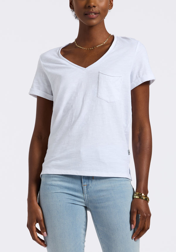 T-shirt en maille slub à col en V pour femme Moxie, blanc - KT0179P