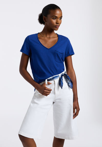 T-shirt en maille slub à col en V pour femme Moxie, bleu - KT0179P