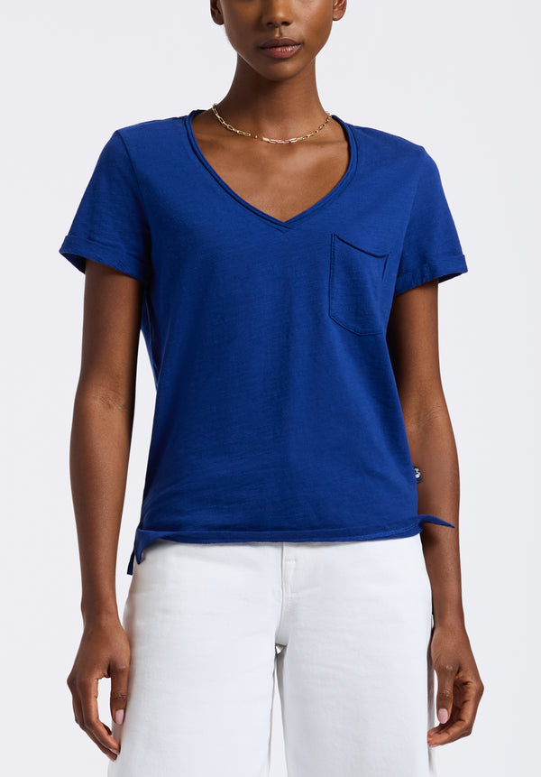 T-shirt en maille slub à col en V pour femme Moxie, bleu - KT0179P