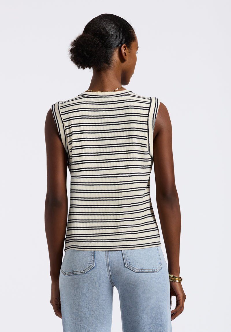 Elayne Women’s Striped Sleeveless Top, Marshmallow & Black - KT0180P