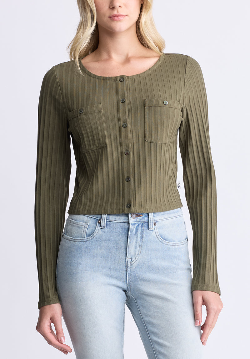 Albertina Women's Ribbed Long-Sleeve Button-Up Top, Olive green - KT0205H