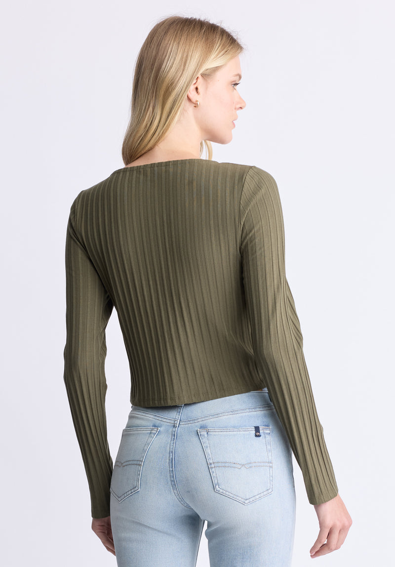 Albertina Women's Ribbed Long-Sleeve Button-Up Top, Olive green - KT0205H