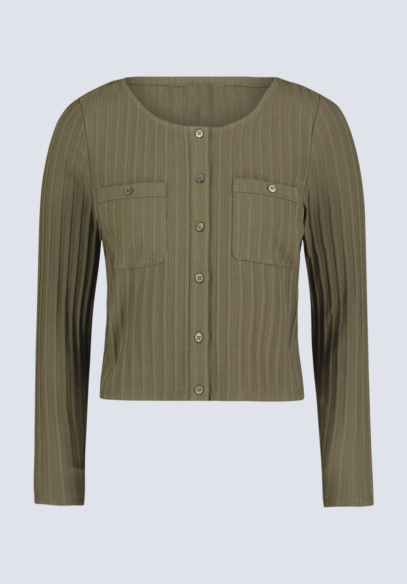 Albertina Women's Ribbed Long-Sleeve Button-Up Top, Olive green - KT0205H