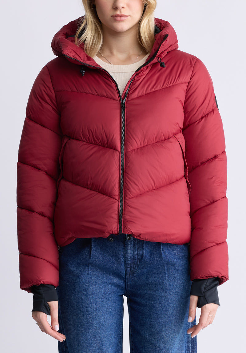 Red puffer jacket with hood womens sale