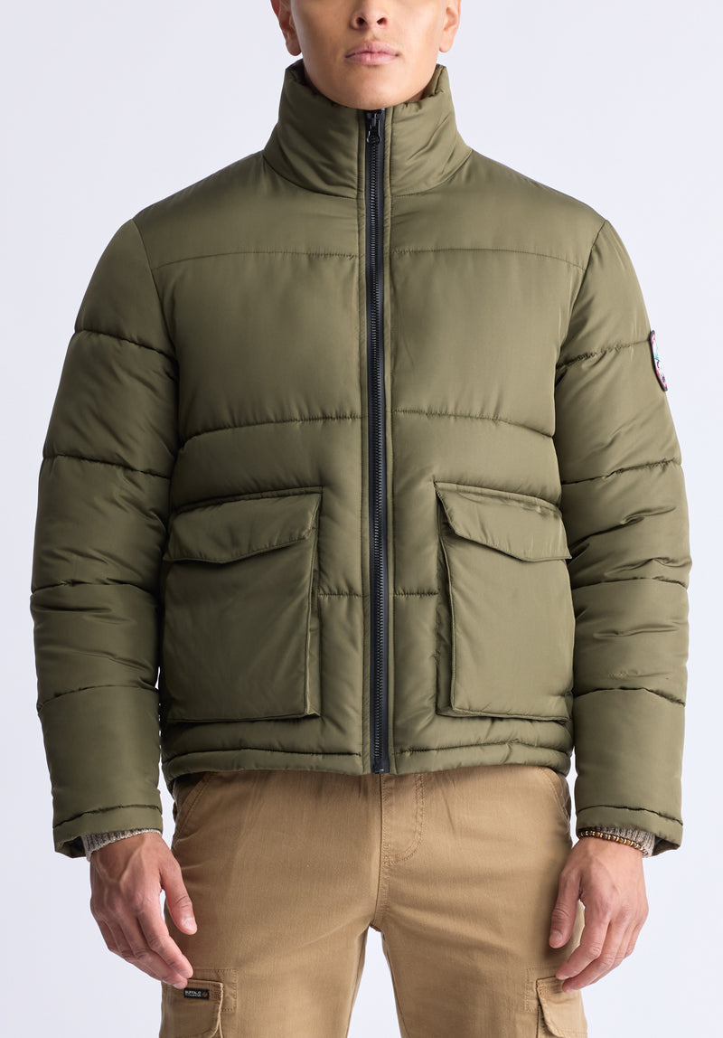 Nate Men’s Zip-up Puffer Jacket with Large Front Pockets, Army green - OBMFE001