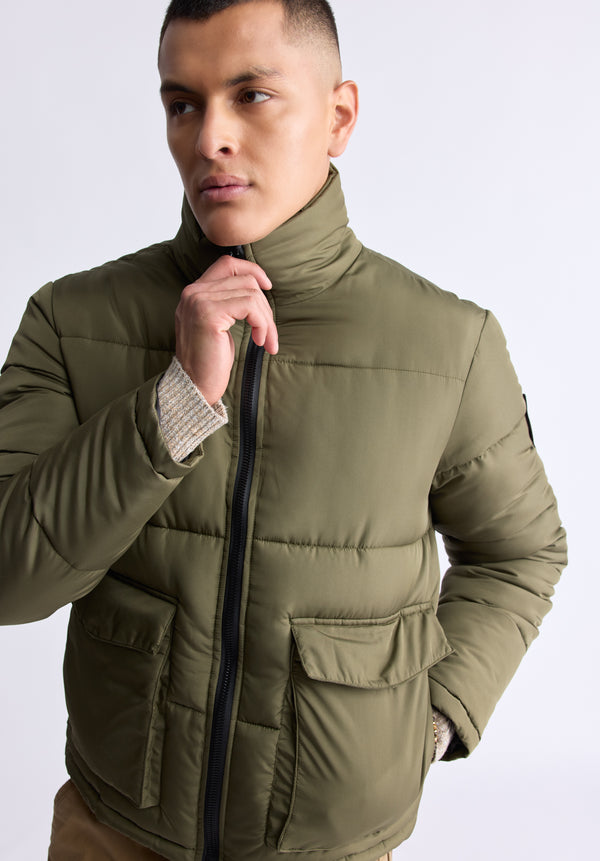 Nate Men’s Zip-up Puffer Jacket with Large Front Pockets, Army green - OBMFE001