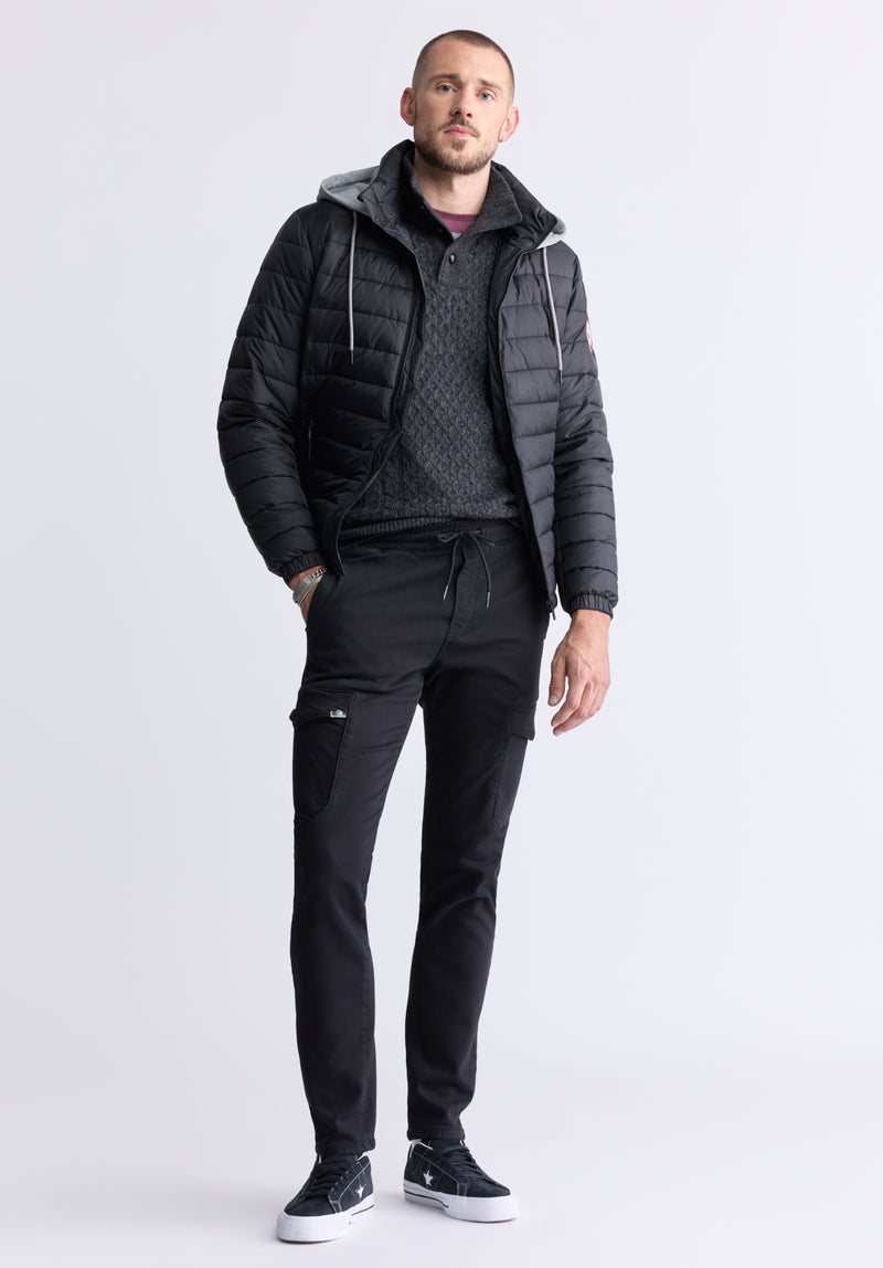 Vince Men’s Quilted Puffer Zip-Up Jacket with Contrasting Hoodie, Black - OBMFE003