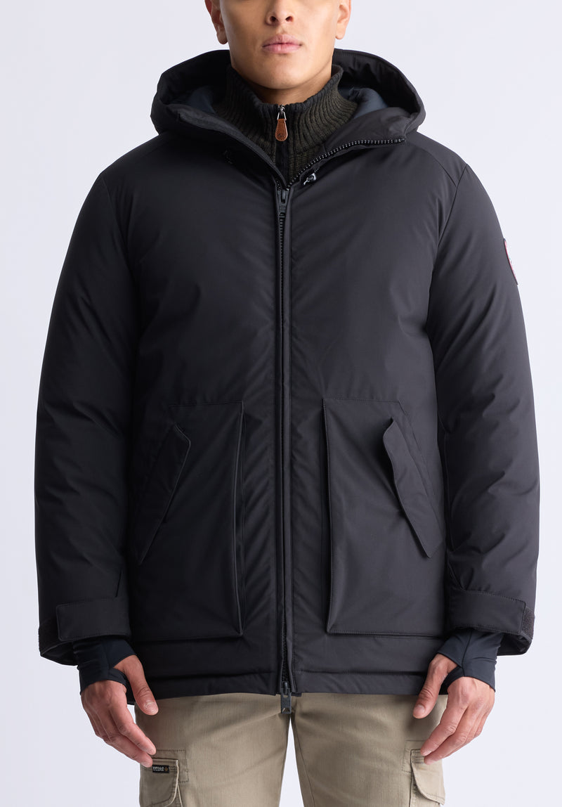 Gavin Men’s Mid-length Two-way Zip-up Classic Parka, Black - OBMFP001