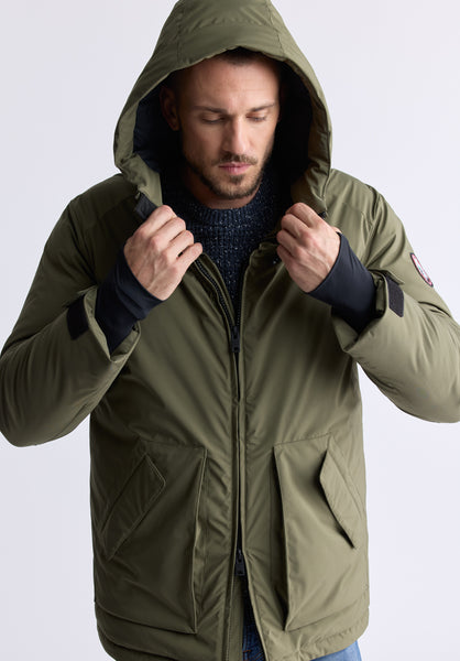 Gavin Men’s Mid-length Two-way Zip-up Classic Parka, Olive green - OBMFP001