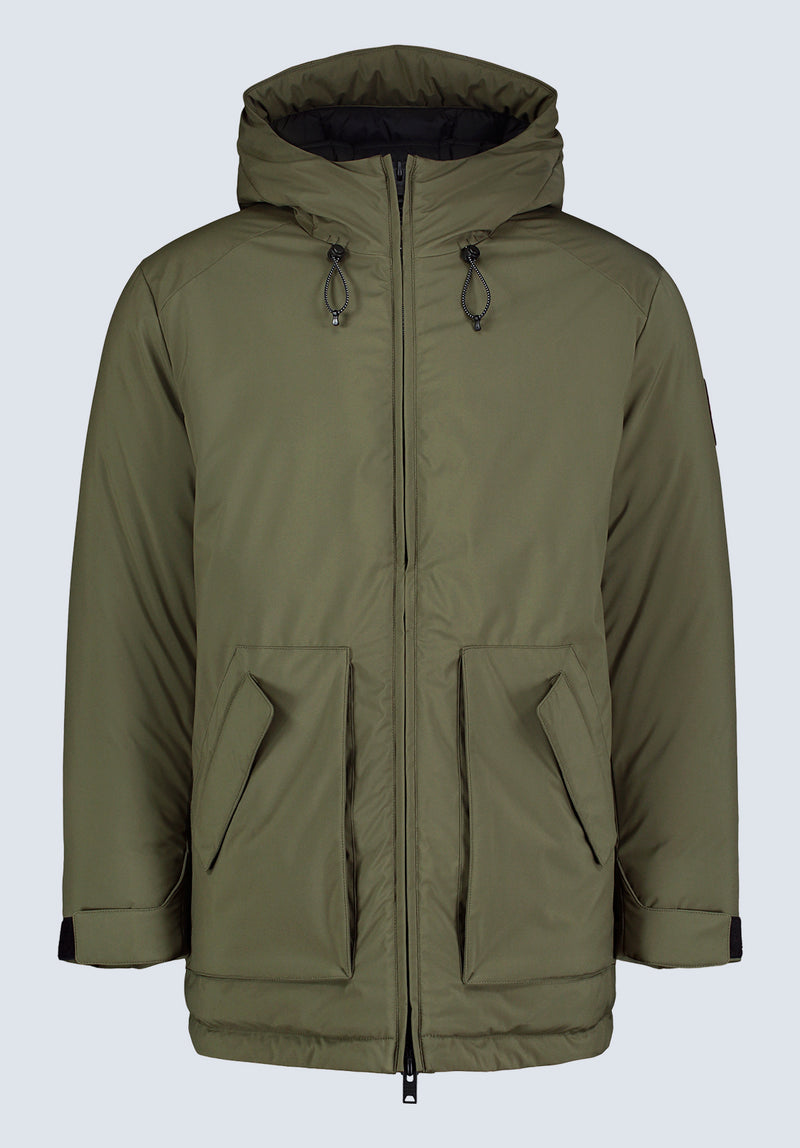 Gavin Men’s Mid-length Two-way Zip-up Classic Parka, Olive green - OBMFP001