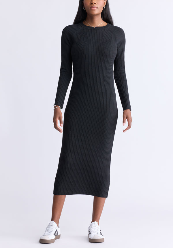 Robe en maille côtelée à manches longues Jaida pour femmes, noir - SD0004F