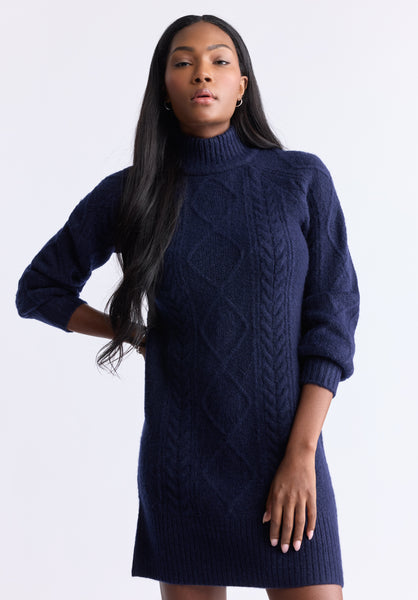 Levelle Women's Cable Knit Turtleneck Sweater Dress, Navy - SD0005H