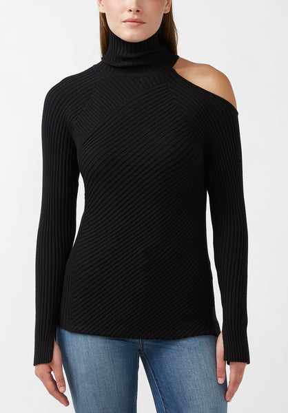 Beronia Women's Long Sleeve Cut Out Shoulder Sweater in Black - SW0037H