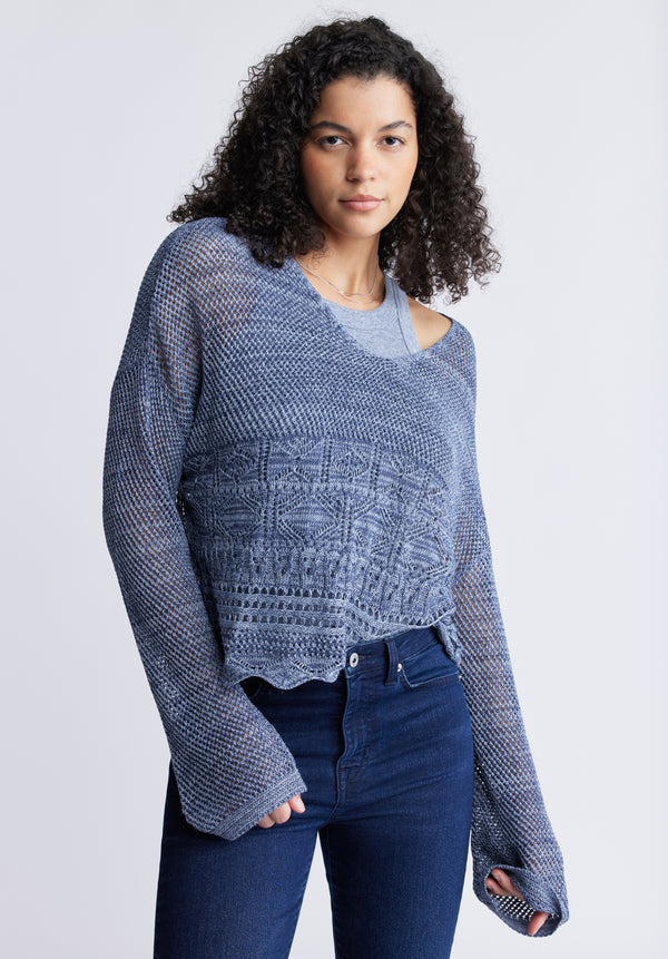 Chandail court Cornelia en crochet pour femme, bleu denim - SW0056S