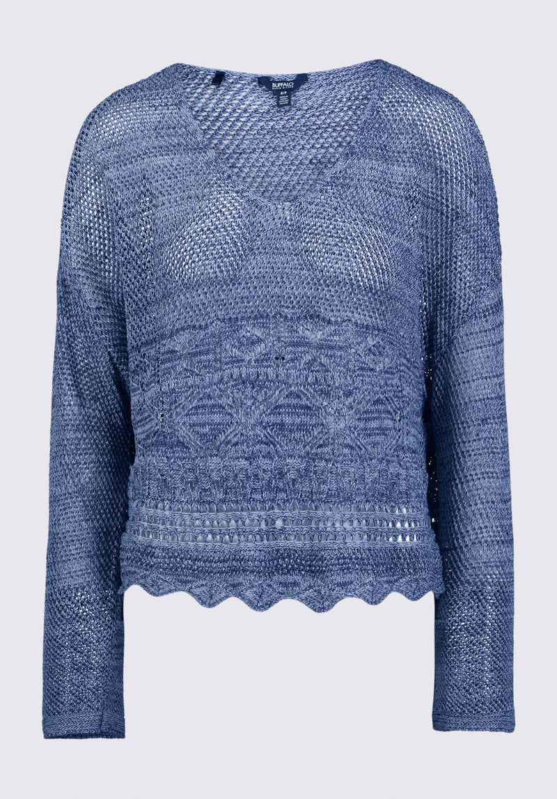 Chandail court Cornelia en crochet pour femme, bleu denim - SW0056S