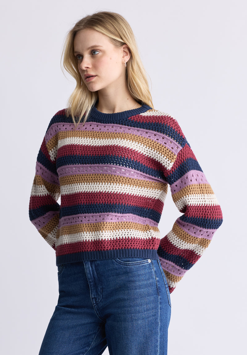 Buffalo David Bitton Wrenlee Women's Striped Knit Sweater, Beaujolais - SW0074F Color BEAUJOLAIS