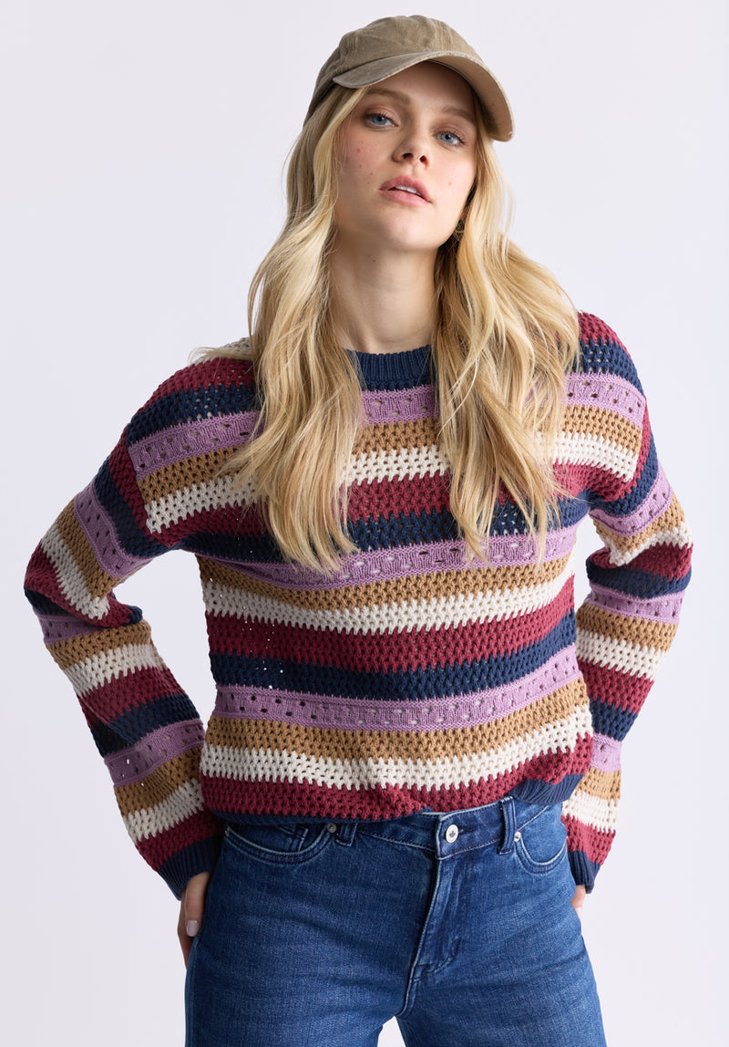 Buffalo David Bitton Wrenlee Women's Striped Knit Sweater, Beaujolais - SW0074F Color BEAUJOLAIS