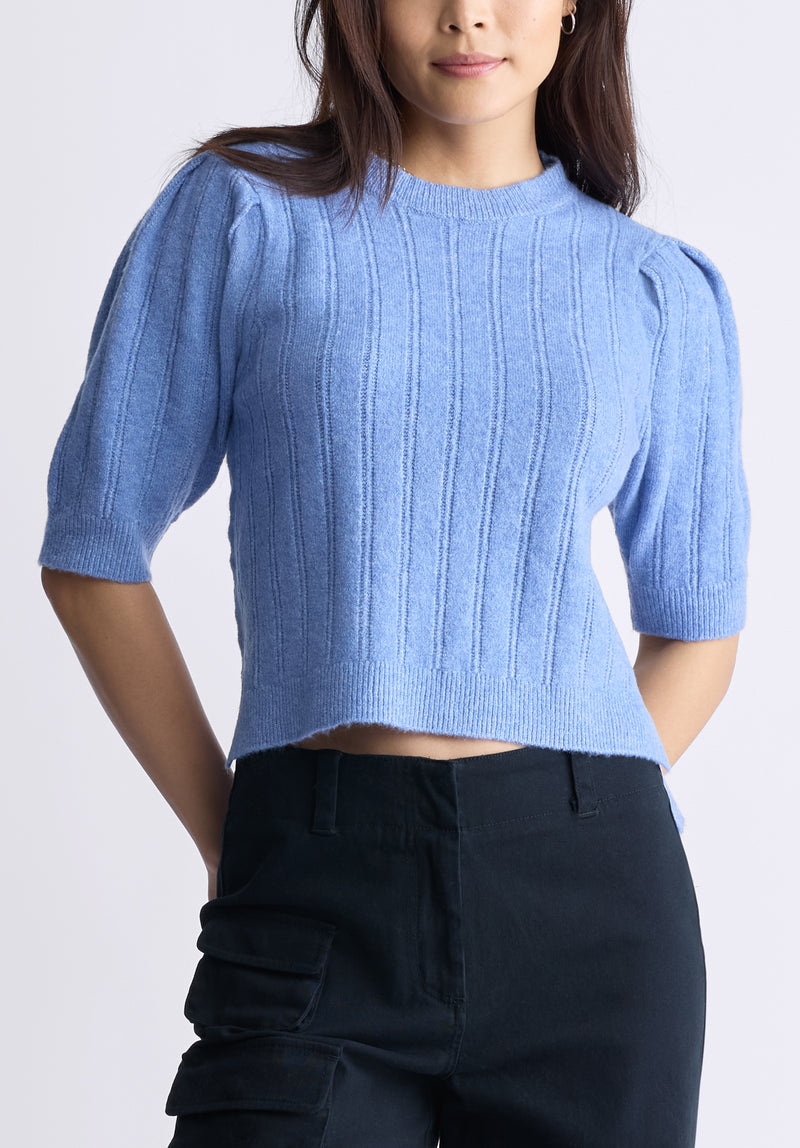 Buffalo David Bitton Jaxie Women's Elbow-Length Puff-Sleeve Pointelle-Knit Sweater, Heather Blue - SW0076F Color POWDER BLUE HTR