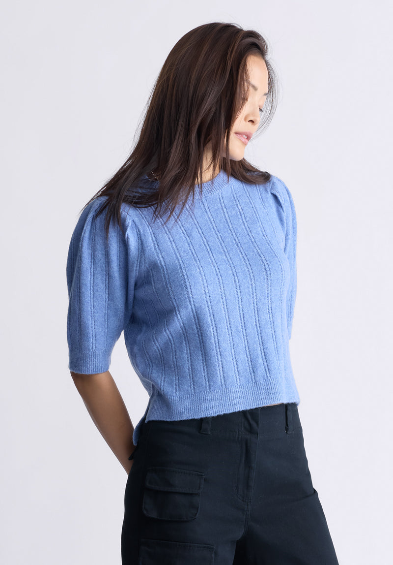 Buffalo David Bitton Jaxie Women's Elbow-Length Puff-Sleeve Pointelle-Knit Sweater, Heather Blue - SW0076F Color POWDER BLUE HTR