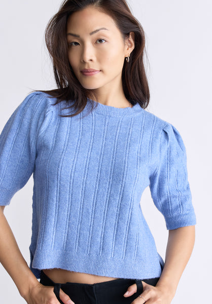 Buffalo David Bitton Jaxie Women's Elbow-Length Puff-Sleeve Pointelle-Knit Sweater, Heather Blue - SW0076F Color POWDER BLUE HTR