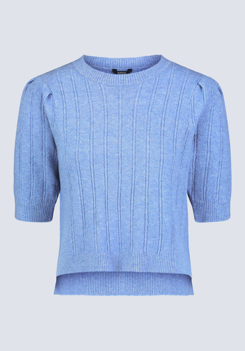 Pull en tricot pointelle à manches bouffantes pour femme Jaxie, de couleur bleu poudre chiné - SW0076F