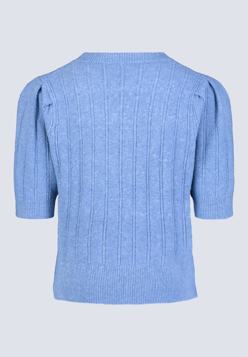 Pull en tricot pointelle à manches bouffantes pour femme Jaxie, de couleur bleu poudre chiné - SW0076F