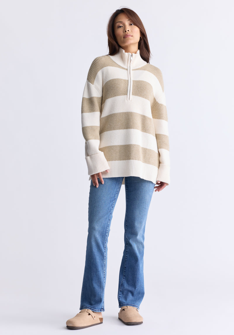 Storme Women's Striped Quarter-zip Oversized Sweater, Tan & White - SW0089H