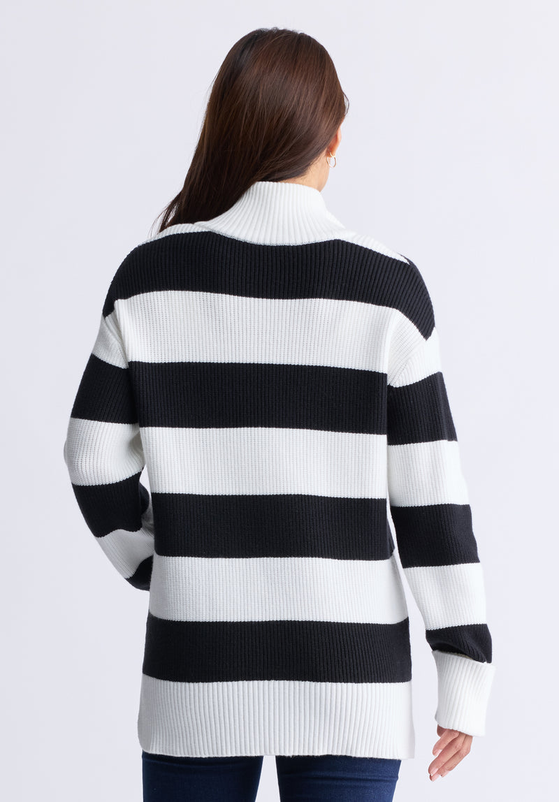 Storme Women's Striped Quarter-zip Oversized Sweater, Black & White - SW0089H