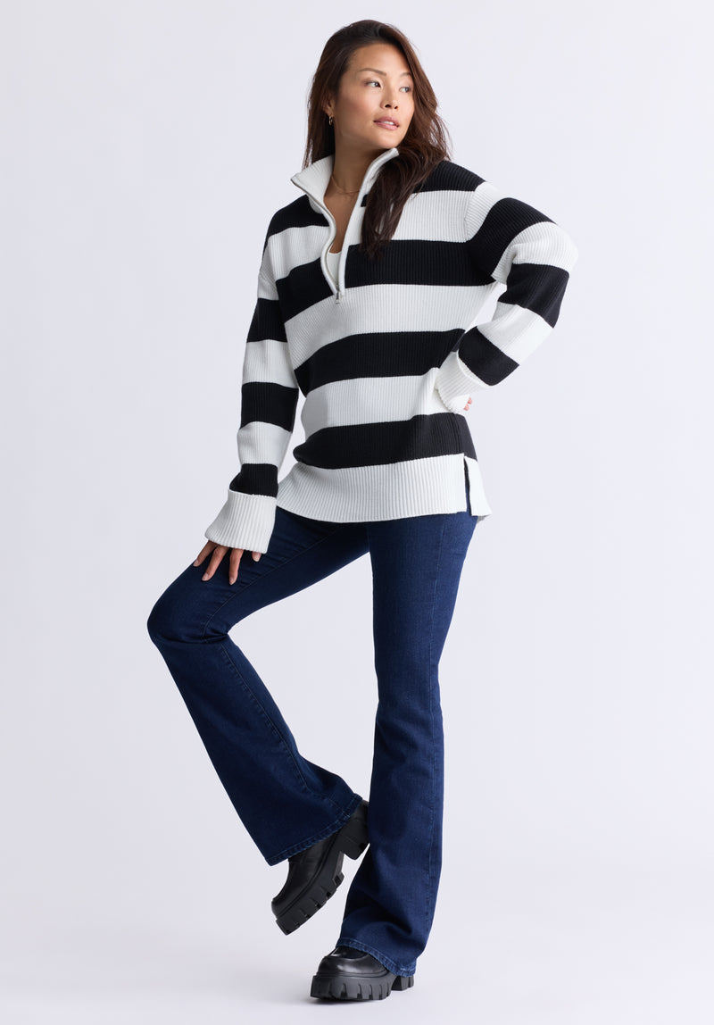 Storme Women's Striped Quarter-zip Oversized Sweater, Black & White - SW0089H