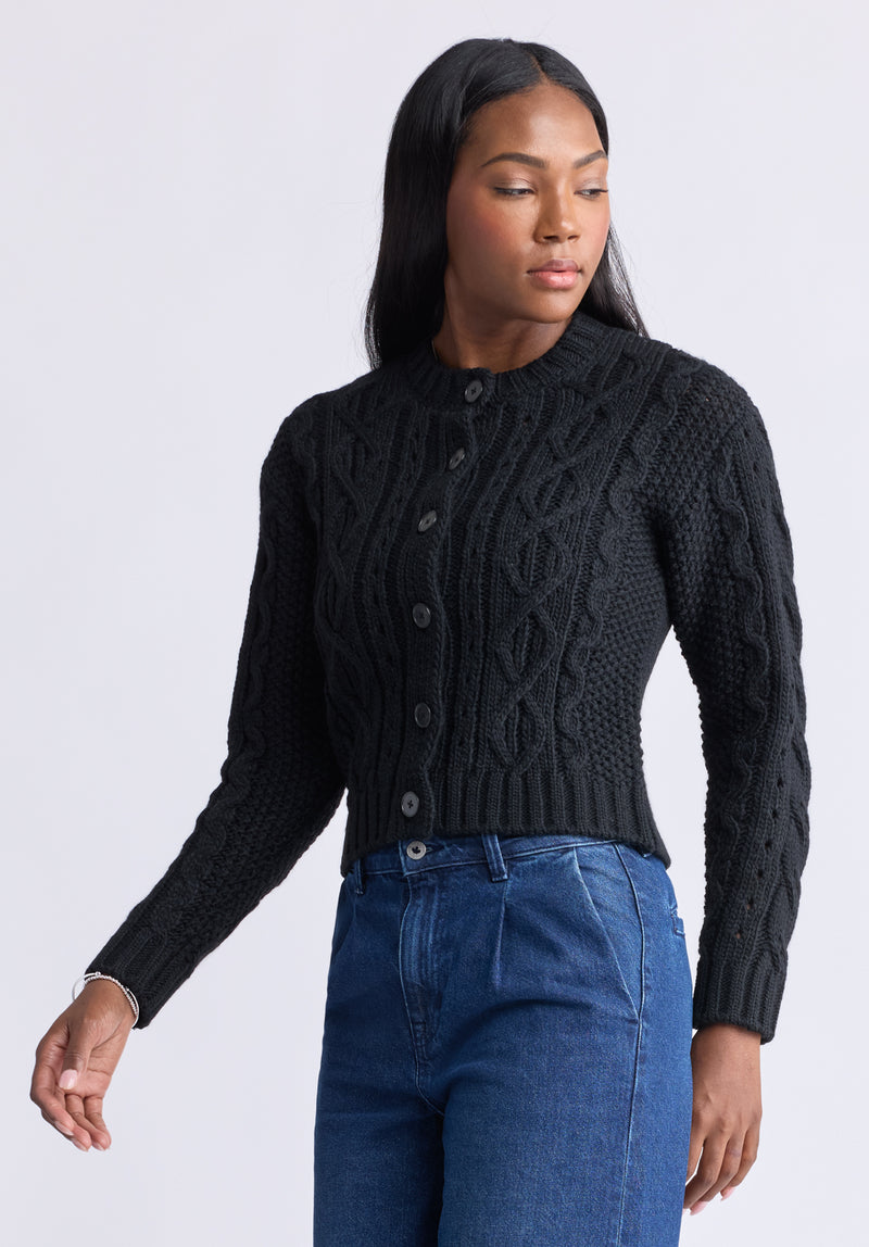 Cardigan boutonné en maille torsadée Temperance pour femmes, noir - SW0096F