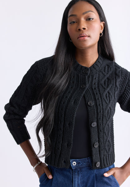 Cardigan boutonné en maille torsadée Temperance pour femmes, noir - SW0096F