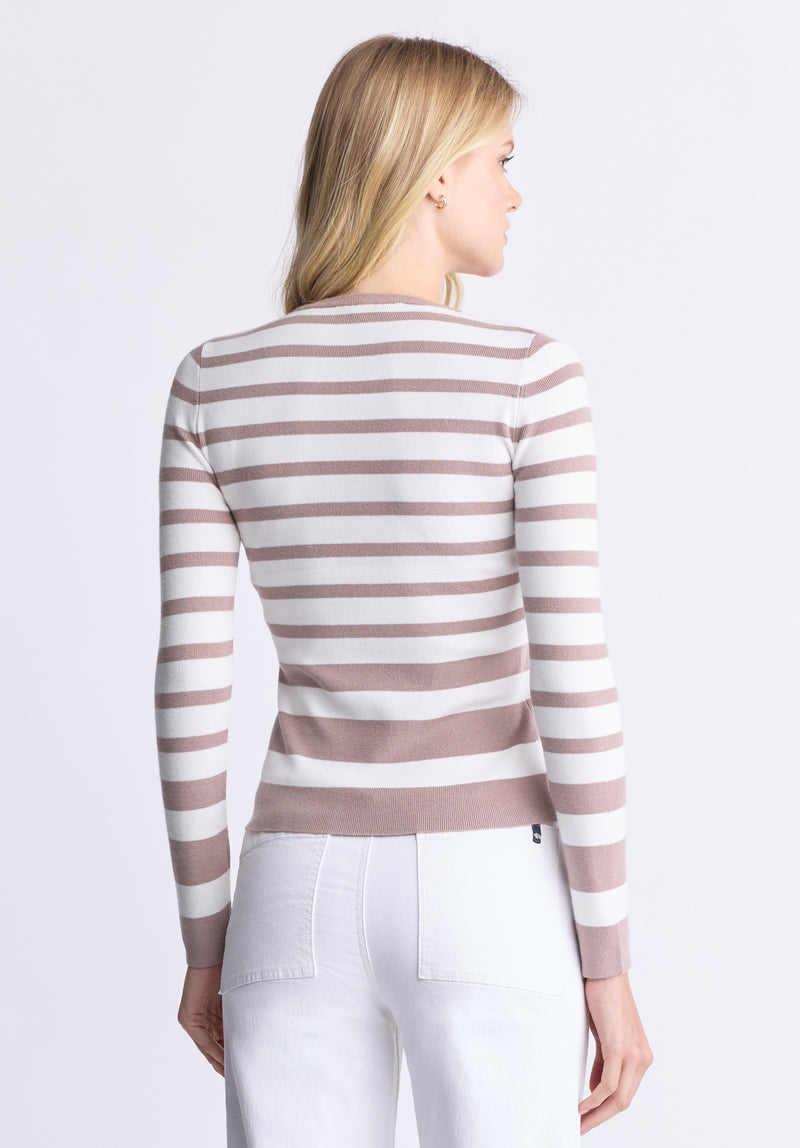 Scotlyn Women's Striped Long-Sleeve Sweater, White & tan - SW0103H