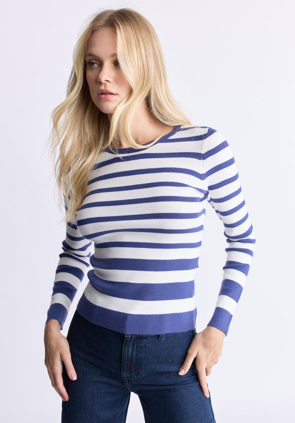 Scotlyn Women's Striped Long-Sleeve Sweater, White & blue - SW0103H