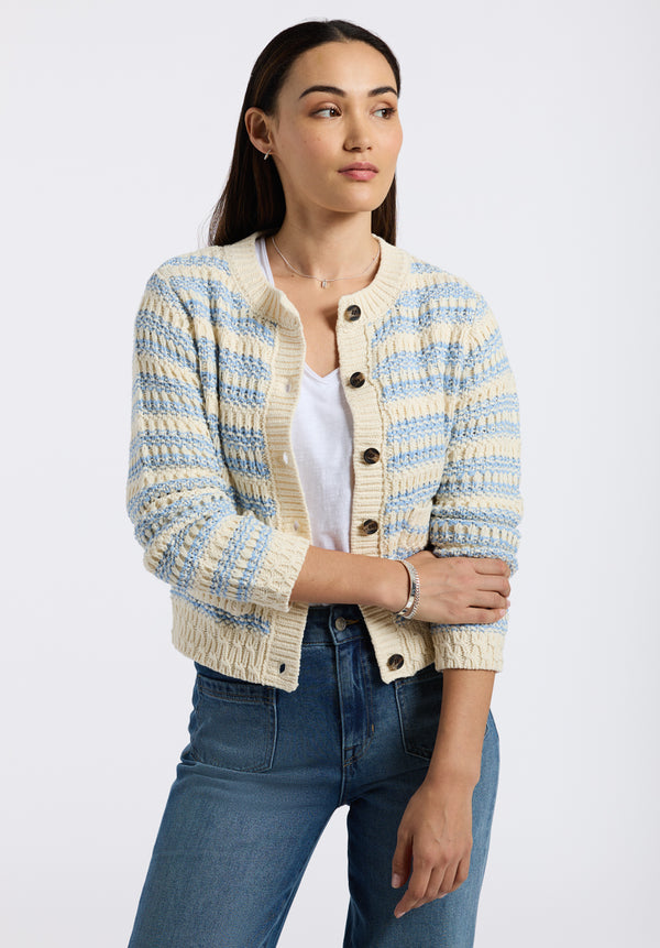 Amaranth Women's Striped Knit Cardigan with Front Pockets, Cloud & Blue - SW0113P