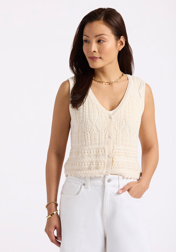 Merrybell Women's Pointelle Knit Vest with Button-Down Front, Egret - SW0114P