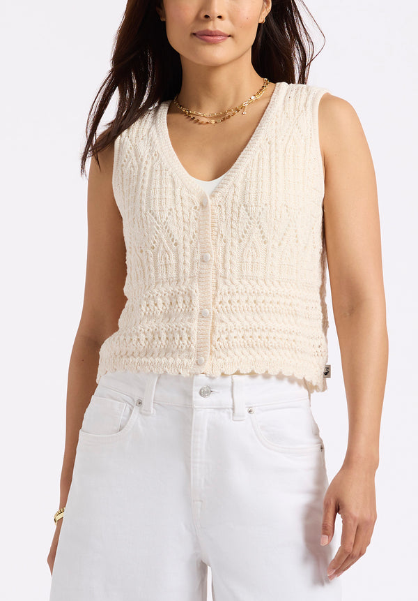 Merrybell Women's Pointelle Knit Vest with Button-Down Front, Egret - SW0114P