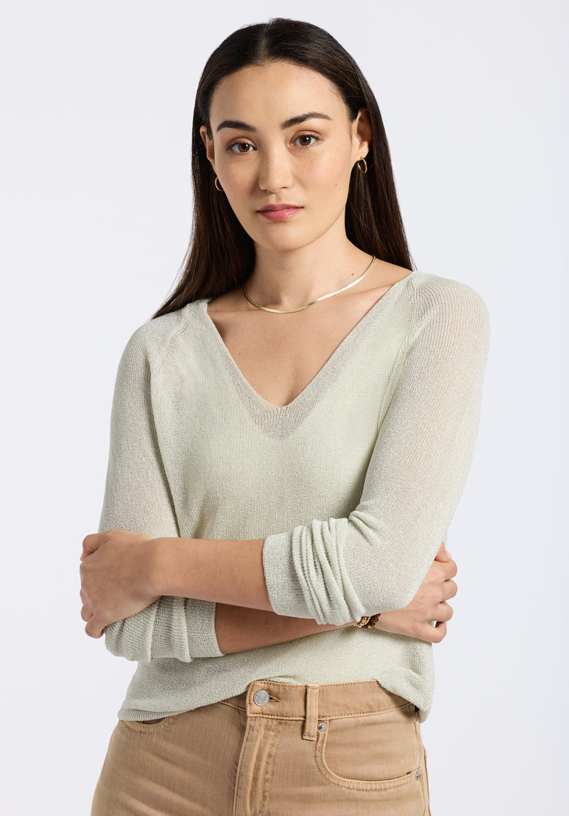 Valencianna Women's V-Neck Lightweight Knit Sweater, Flax Green - SW0126P