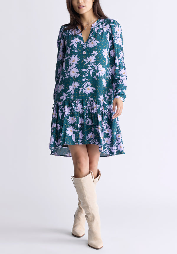 Buffalo David Bitton Dovie Women's Long-Sleeve Knee-Length Ruffle Dress, Green & Purple Floral - WD0057F Color TEXTURED FLORAL