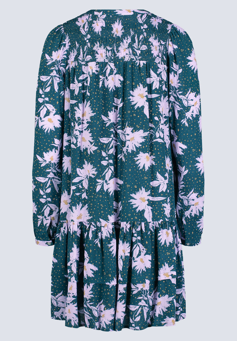 Robe Dovie à volants pour femme, avec manches longues et longueur genou, vert et motif floral violet - WD0057F