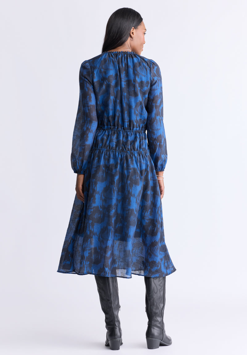 Virlen Women’s Long Sleeve Tie-neck Printed Midi Dress, Navy - WD0062F