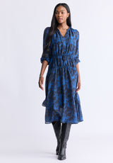 Virlen Women’s Long Sleeve Tie-neck Printed Midi Dress, Navy - WD0062F