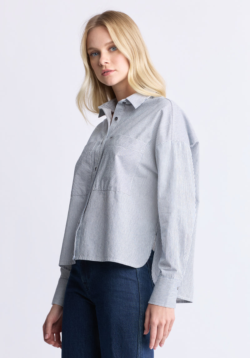 Twyla Women's Boxy Striped Button-Up Shirt, Whale & white - WT0084H