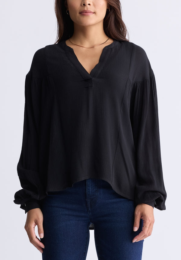 Kensley Women’s Dropped Shoulder V-neck Loose Blouse, Black - WT0119F