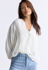 Kensley Women’s Dropped Shoulder V-neck Loose Blouse, White - WT0119F