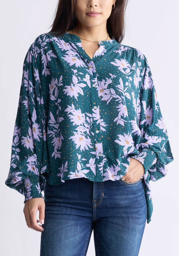 Buffalo David Bitton Ottilie Women's Long-Sleeved Blouse, Green with Purple Floral - WT0120F Color TEXTURED FLORAL