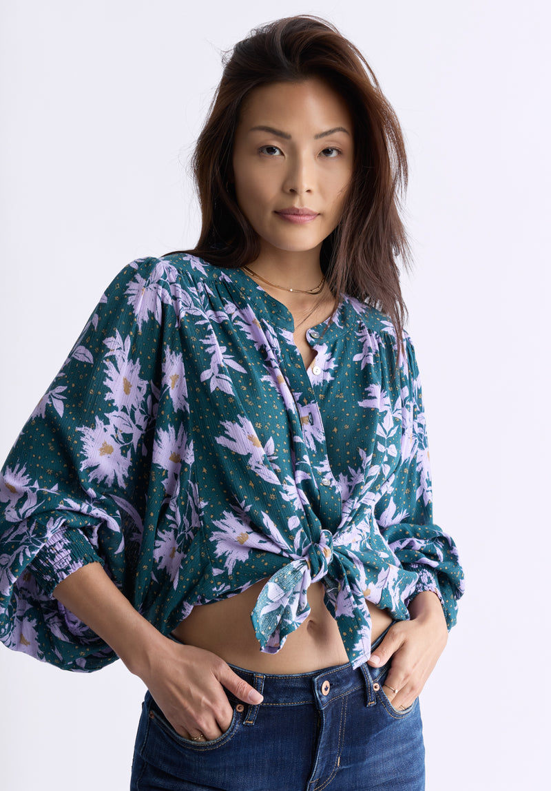 Buffalo David Bitton Ottilie Women's Long-Sleeved Blouse, Green with Purple Floral - WT0120F Color TEXTURED FLORAL